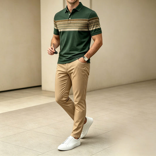 Men's Casual Dark Green Stripes Printed Polo Shirt And Pants Two-Piece Set