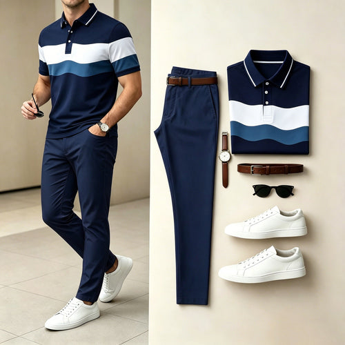Men's Casual Navy Color Block Stripe Polo Shirt & Long Pants Two-Piece Set