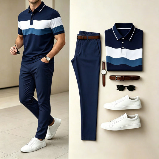 Men's Casual Navy Color Block Stripe Polo Shirt & Long Pants Two-Piece Set