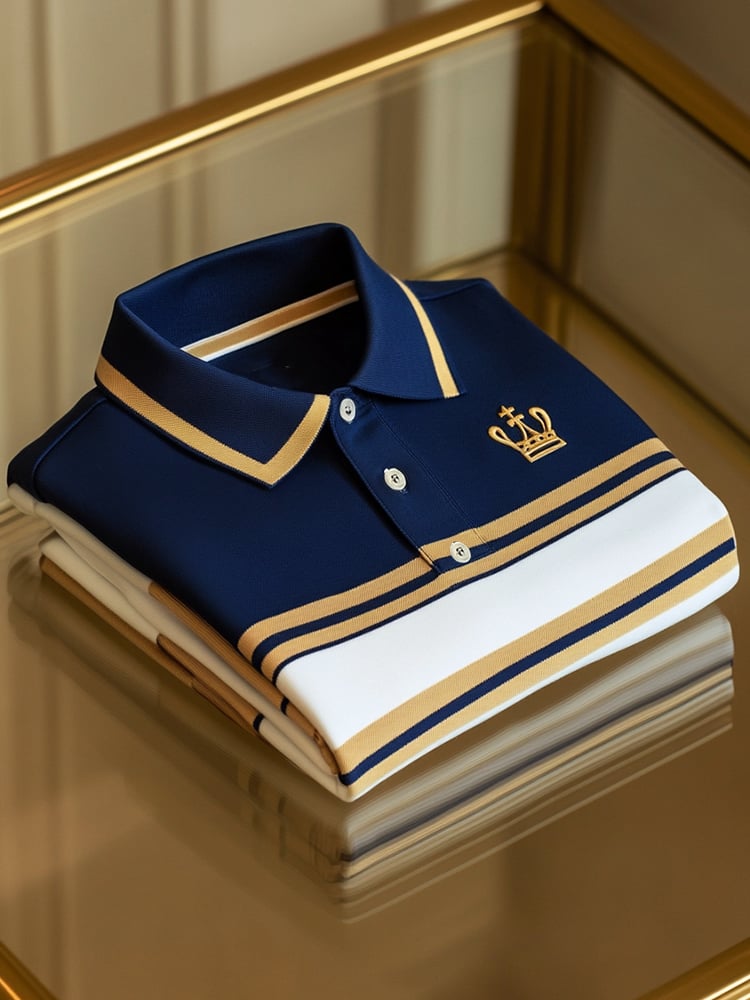 Men's Business Casual Striped Crown Button Short Sleeve Polo Shirt