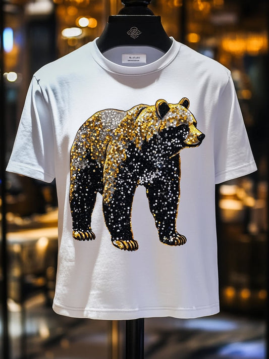 Men's Bear Sequin Business Print Short Sleeve T-Shirt