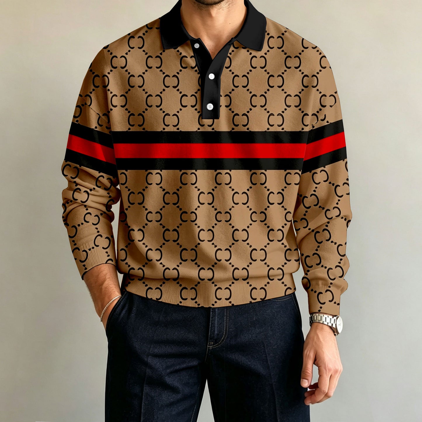 Men's Brown Printed Long-Sleeve Polo Shirt