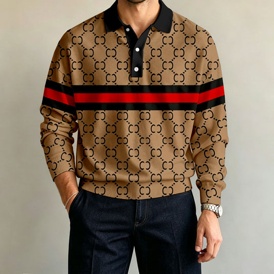 Men's Brown Printed Long-Sleeve Polo Shirt