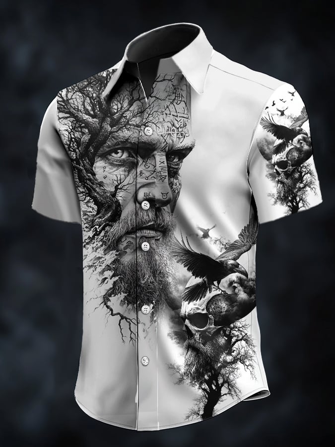 Men's casual vintage Viking portrait satin shirt