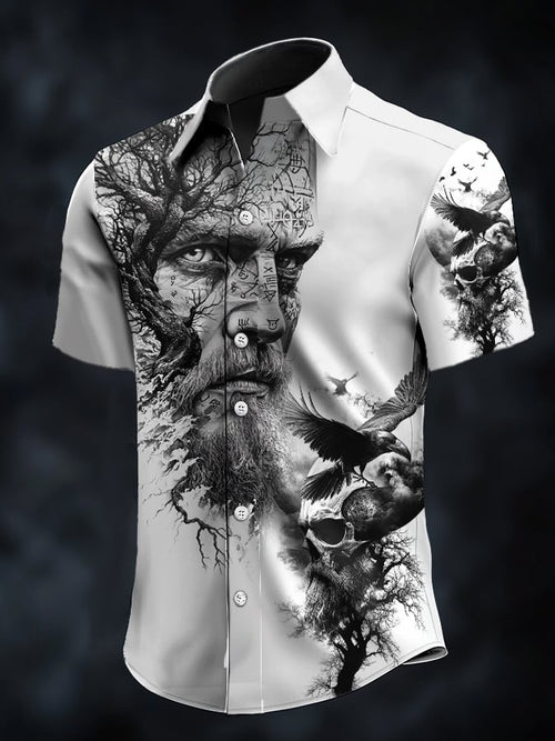 Men's casual vintage Viking portrait satin shirt