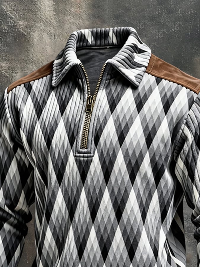 Men's Retro Color Block Print Color-Blocked Zip-Up Sweatshirt
