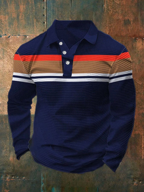 Men's Vintage Casual Waffle Long Sleeve Polo Shirt