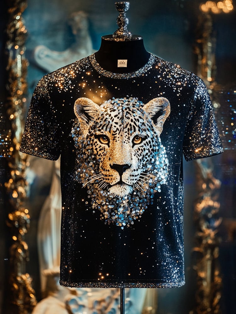 Men's Leopard Sequin Business Print Short Sleeve T-Shirt