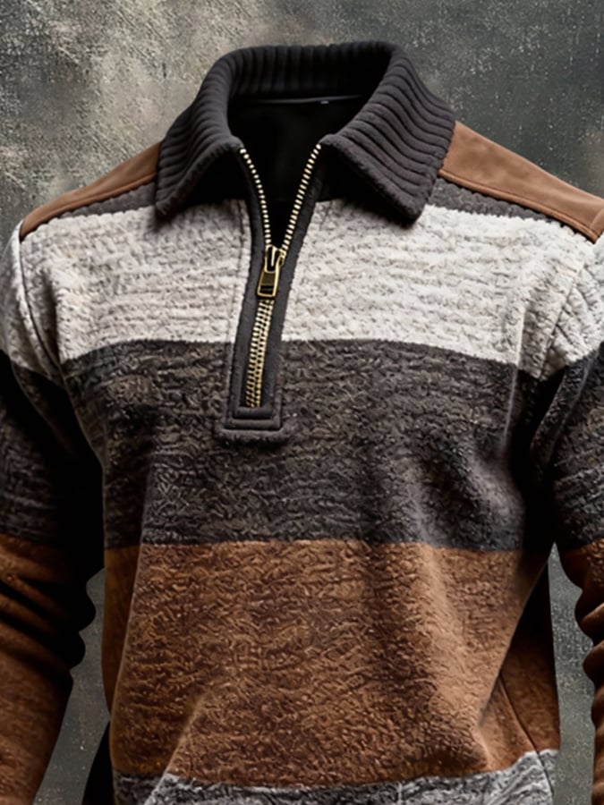 Men's Retro Color Block Print Color-Blocked Zip-Up Sweatshirt