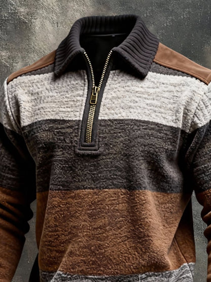Men's Retro Color Block Print Color-Blocked Zip-Up Sweatshirt
