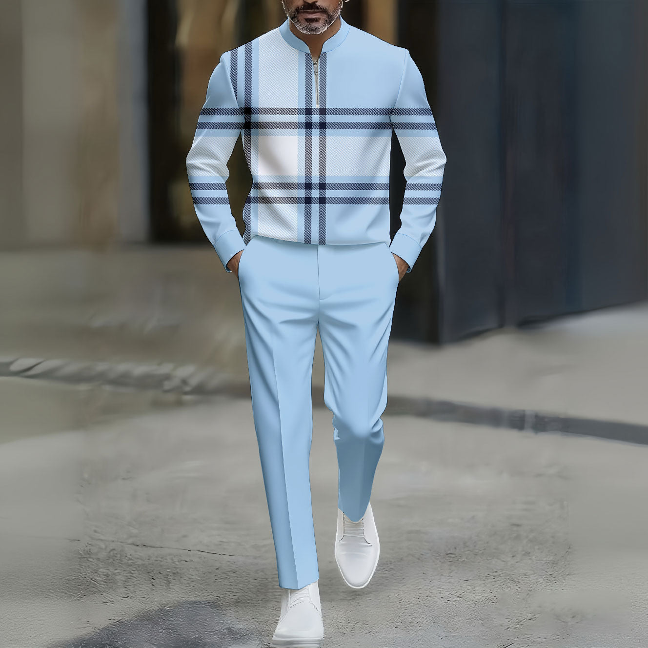 Men's Casual Bule Color Matching Checked Printed Round-Neck Zipper Long Sleeved Trousers Two-Piece Set