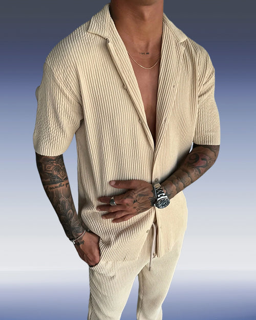 Men's Khaki Textured Short Sleeve Shirt Casual Two-piece Set