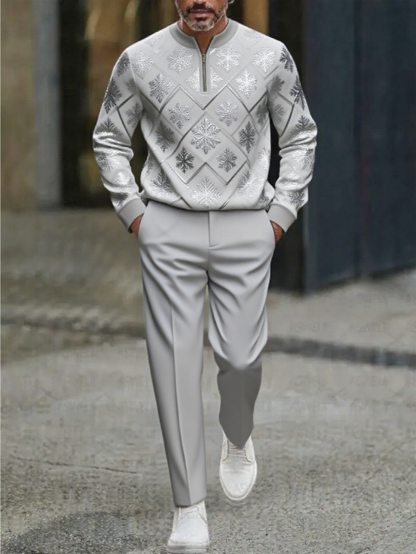 Men's Casual Silver Snowflake Printed Round-Neck Zipper Long Sleeved Trousers Two-Piece Set