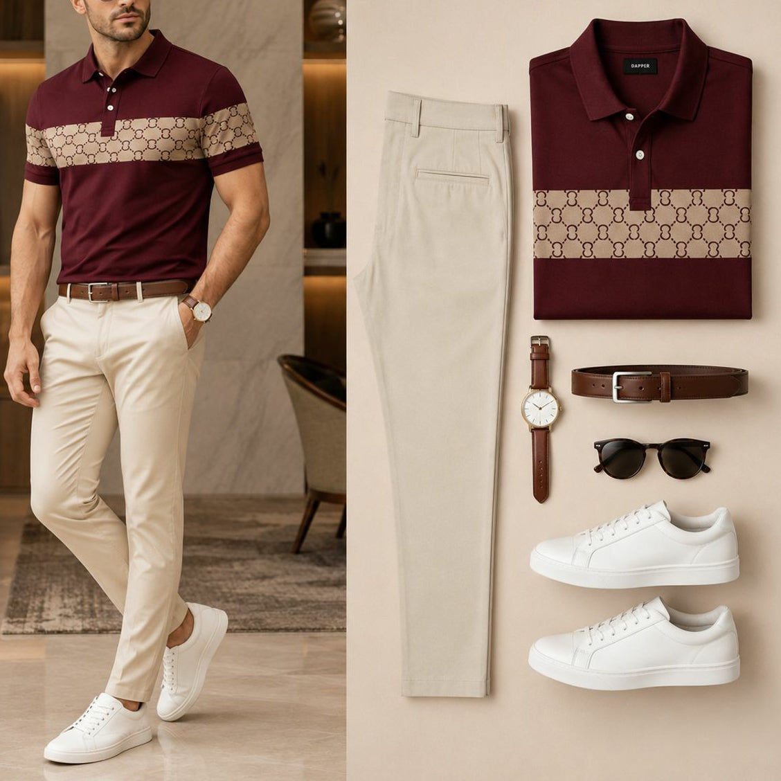 Men's Casual Wine Red & Off White Printed Polo Shirt And Pants Two-Piece Set