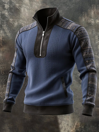 Men's Vintage Style Color-Block Half-Zip Long-Sleeved Sweatshirt