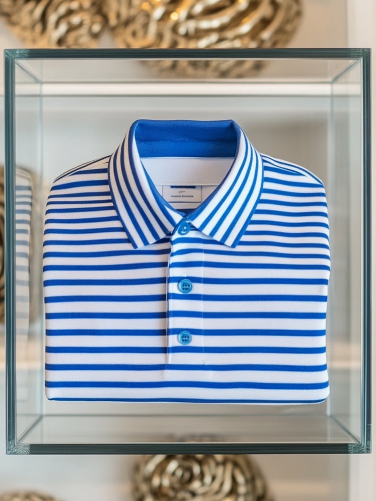 Men's Business Blue and White Striped Fashion Sweat-wicking Short Sleeve Polo Shirt