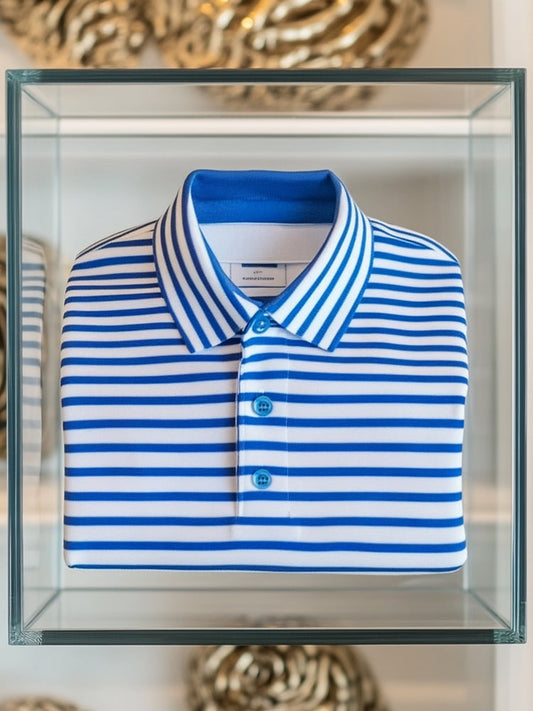 Men's Business Blue and White Striped Fashion Sweat-wicking Short Sleeve Polo Shirt