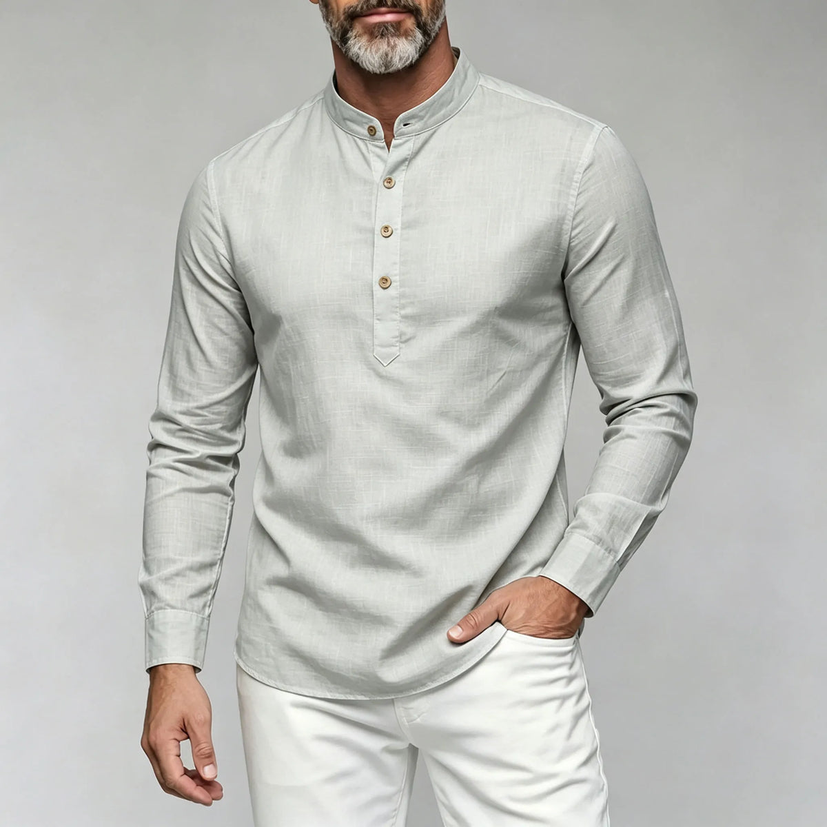 Men's Slim-Fit Shirt with Stand-Up Collar and Half-Open Front