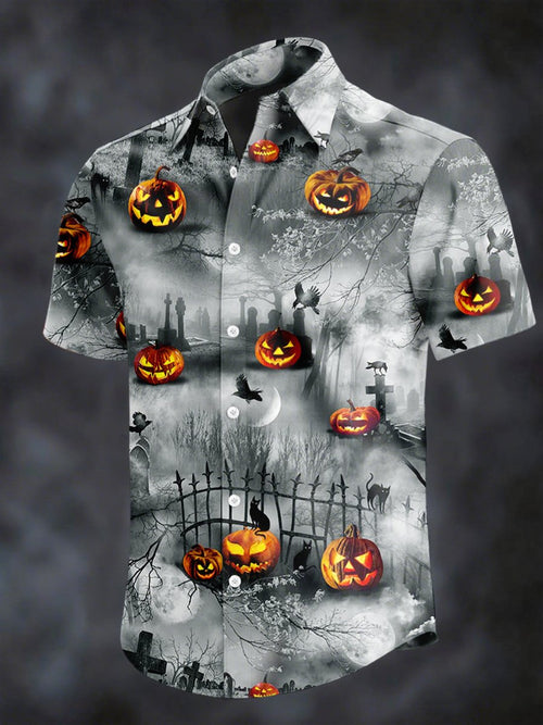 Men's Retro Horror Skull Print Lapel Short Sleeve Shirt