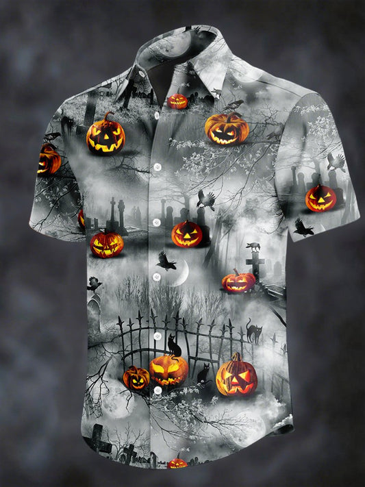 Men's Retro Horror Skull Print Lapel Short Sleeve Shirt