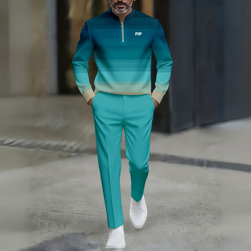 Men's Casual Blue & Green Gradient Color Matching Striped Printed Round-Neck Zipper Long Sleeved Trousers Two-Piece Set