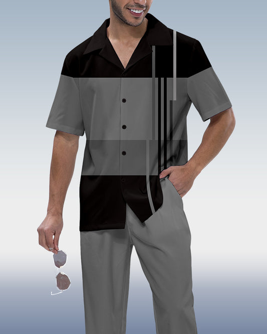 Men's Color Block Printed Short Sleeve Shirt Walking Suit 927