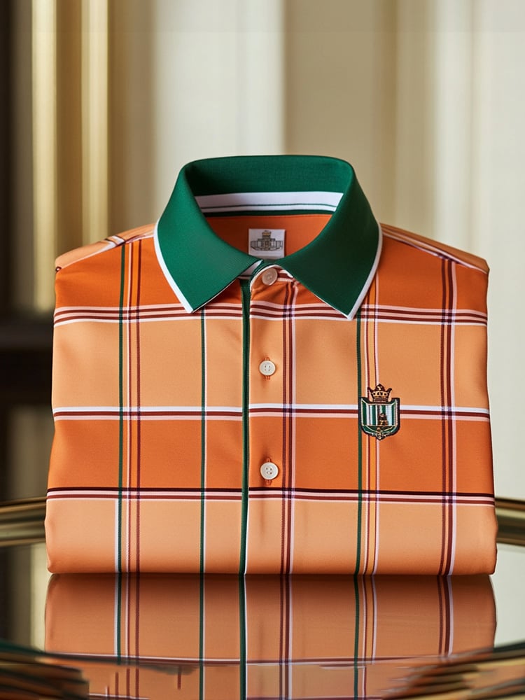 Men's Classic Business Check Button Short Sleeve Polo Shirt