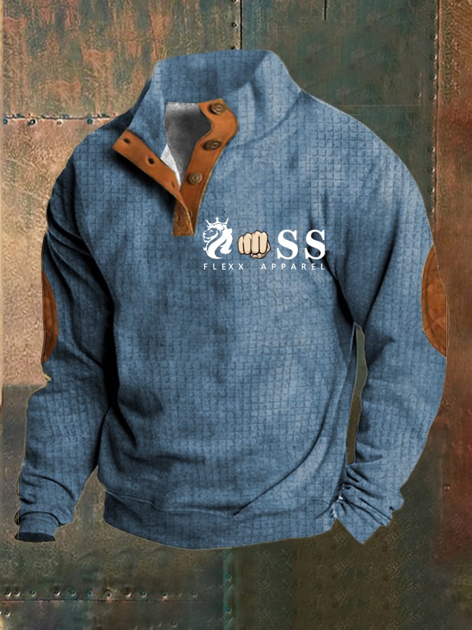Men's Vintage Lettering Printed Stand Collar Check Button Sweatshirt