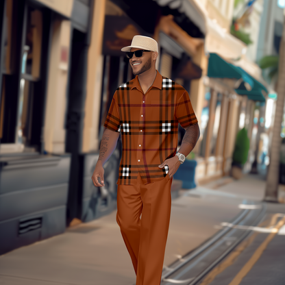 Men's Gradient Color Block Short Sleeve Shirt Walking Suit 1156