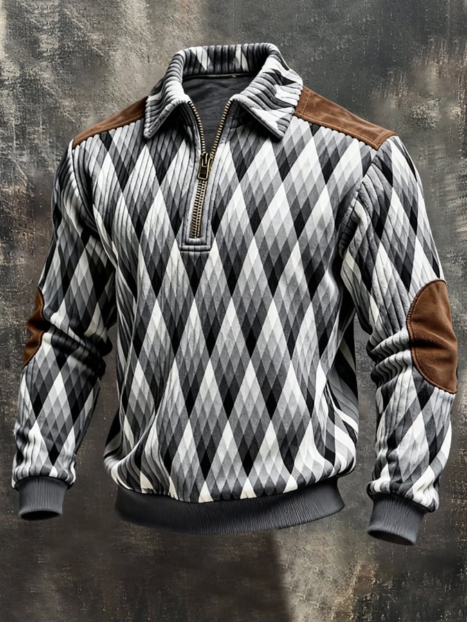 Men's Retro Color Block Print Color-Blocked Zip-Up Sweatshirt