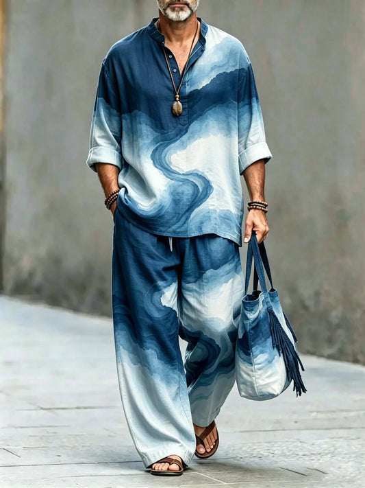 Men's Vintage Abstract Art Printed Cotton Shirt Set (Top & Pants)