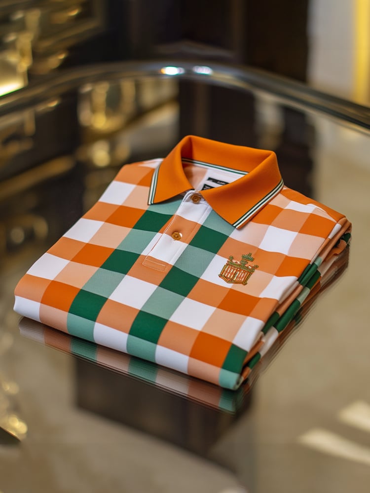Men's Classic Business Check Logo Button Short Sleeve Polo Shirt