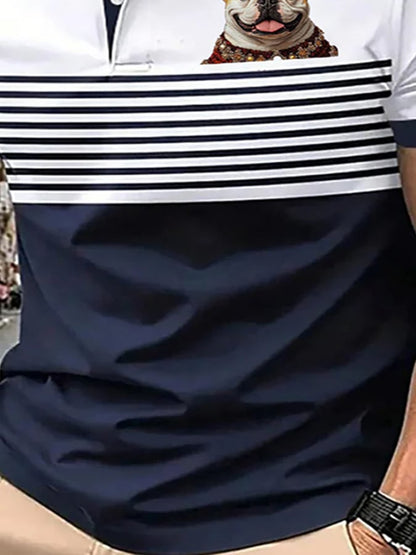 Men's Casual Striped Crown Puppy Bulldog Print POLO Shirt