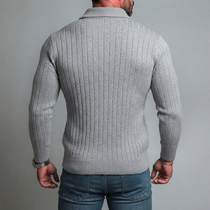 Men's Casual Gray Textured Ribbed Knit Slim Fit Quarter Zip Pullover Sweater
