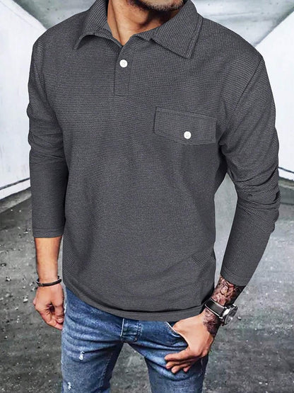 Men's Waffle Casual Solid Color Half Button Polo Shirt