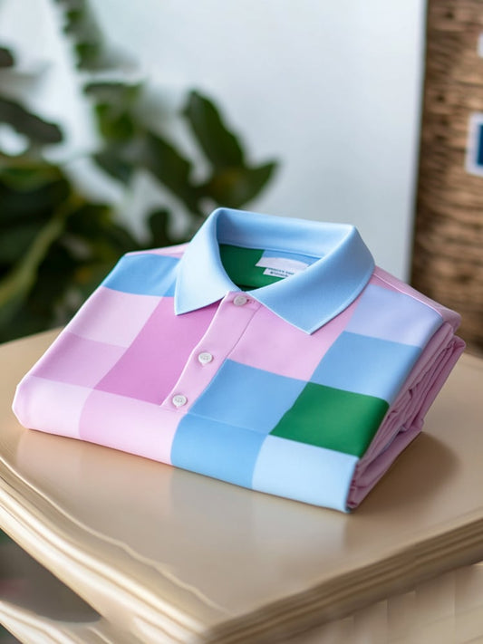 Men's Classic Business Check Logo Button Short Sleeve Polo Shirt