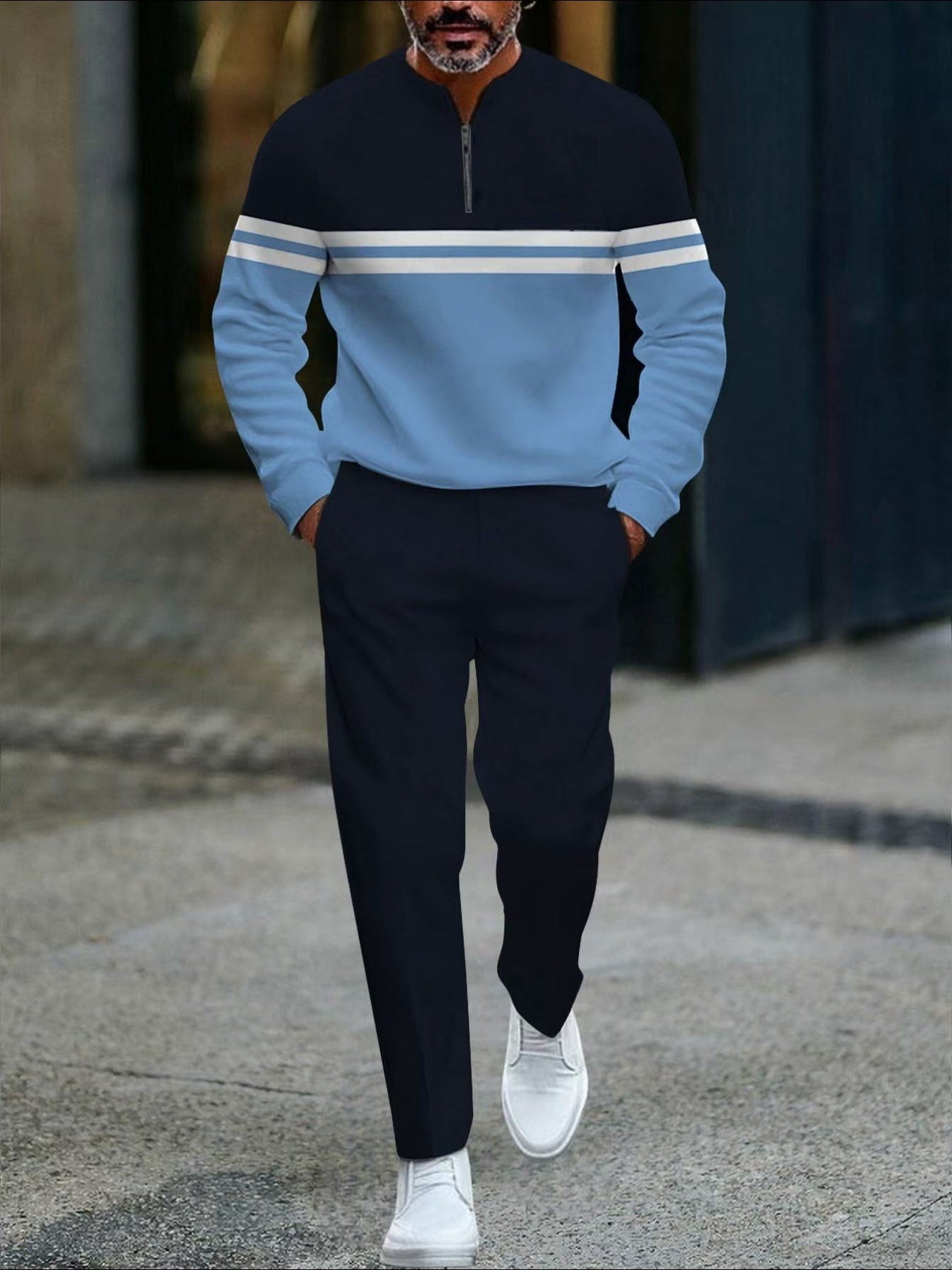 Men's Casual Blue & Navy Blue Color Matching Printed Round-Neck Zipper Long Sleeved Sweatshirt & Trousers Two-Piece Set