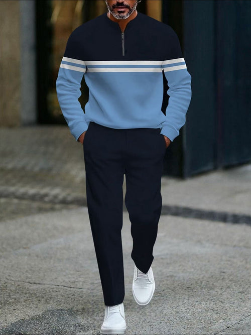 Men's Casual Blue & Navy Blue Color Matching Printed Round-Neck Zipper Long Sleeved Sweatshirt & Trousers Two-Piece Set