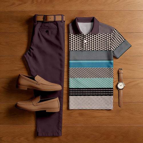 Men's Casual Red Purple & Multi Color Matching Striped Printed Short Sleeved Polo Shirt & Trousers Two-Piece Set