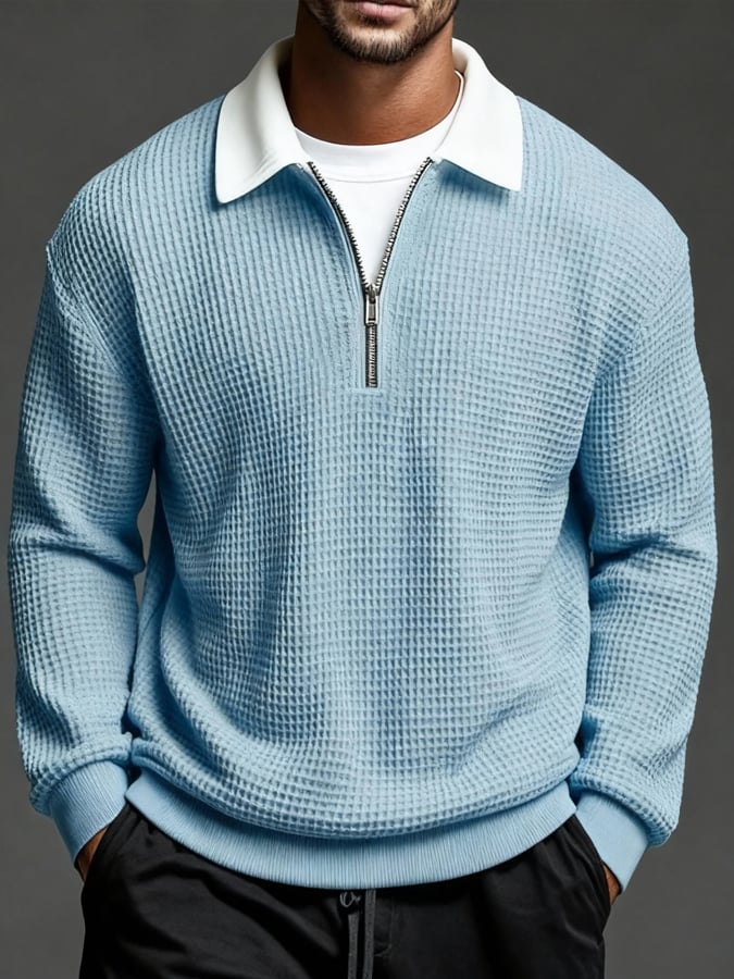 Men'S Vintage Waffle-Knit Casual Outdoor Long-Sleeved Polo Shirt