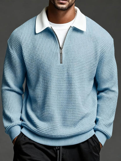 Men'S Vintage Waffle-Knit Casual Outdoor Long-Sleeved Polo Shirt