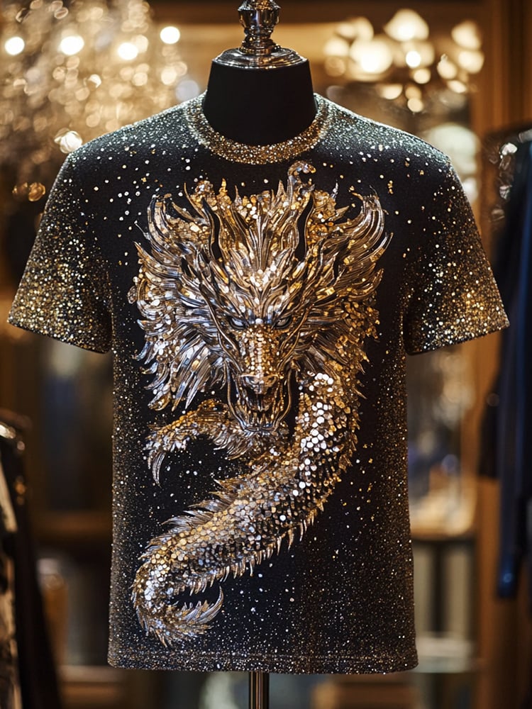 Men's Eagle Sequin Business Print Short Sleeve T-Shirt