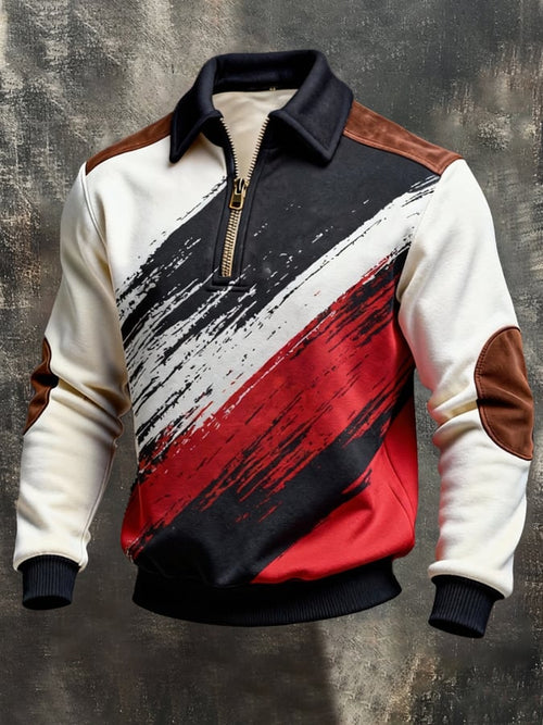Men's Retro Color Block Print Color-Blocked Zip-Up Sweatshirt