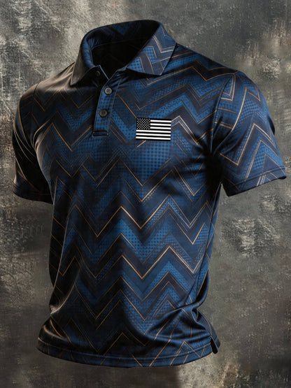 Men's Retro Patriotic Color-Block Short-Sleeve Polo Shirt