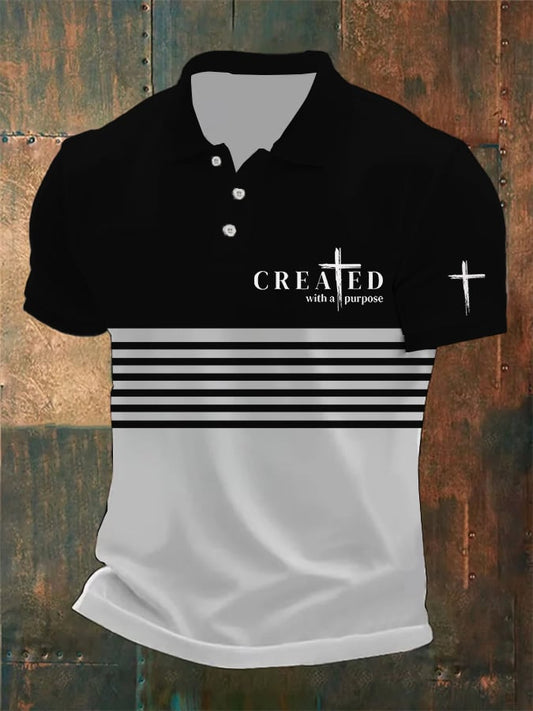 Men's Faith Casual Stripe Print POLO Shirt Tops