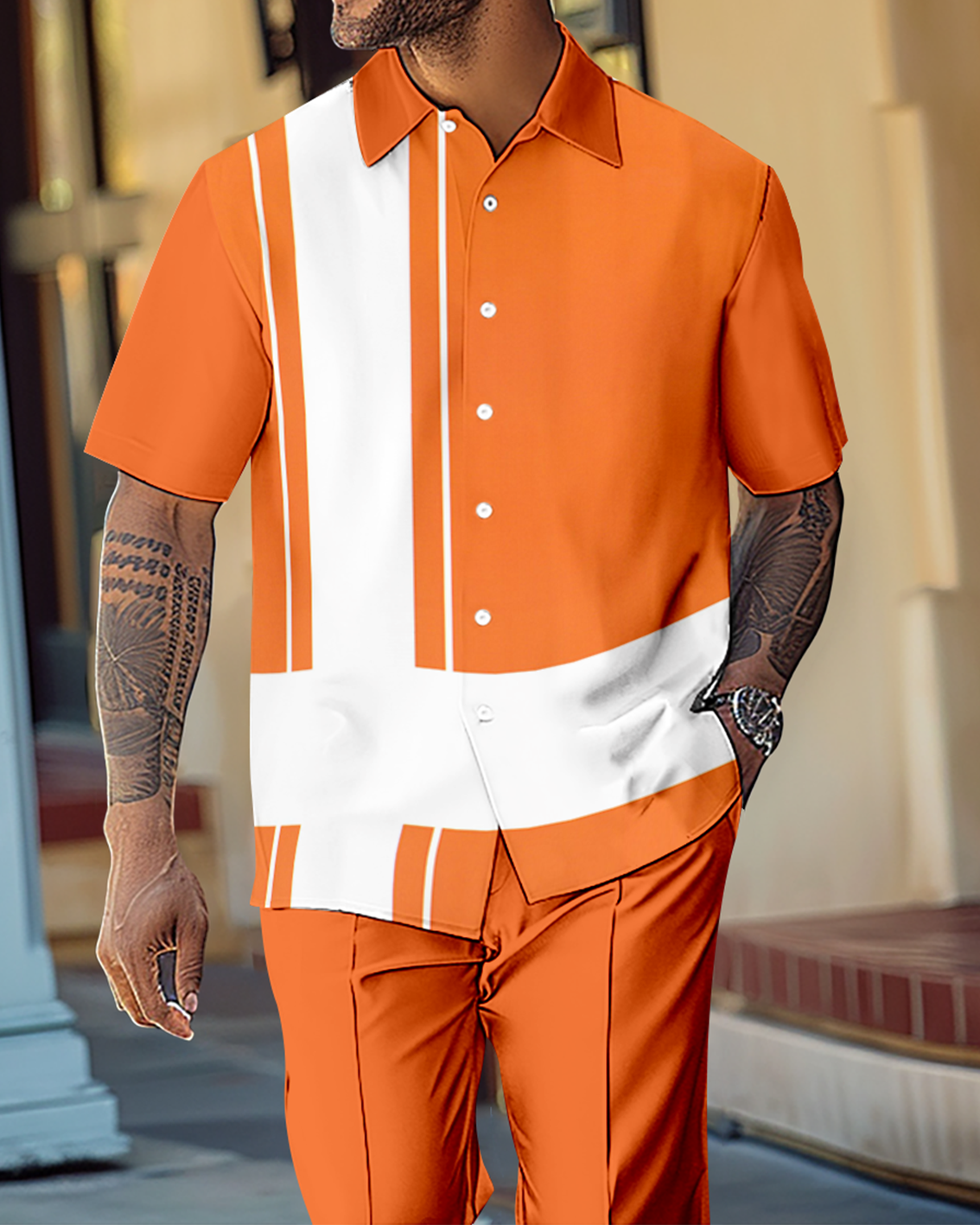 Men's Gorgeous Color Block Short Sleeve Shirt Walking Suit 1076