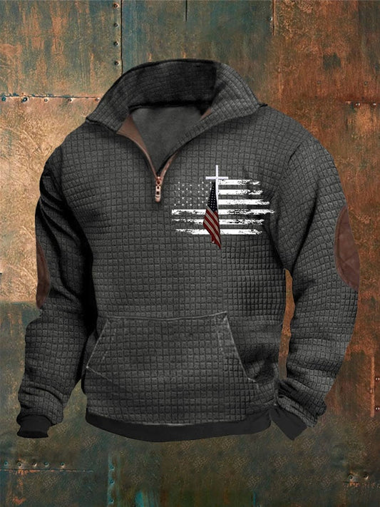 Men's Casual Zip Neck Waffle Faith Print Sweatshirt