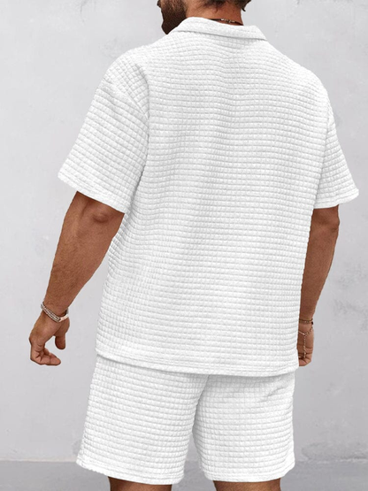 Men's Casual Art Print Waffle Texture Summer Polo Set 078