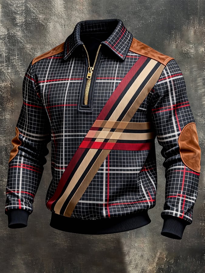 Men's Retro Color Block Print Zipper Sweatshirt