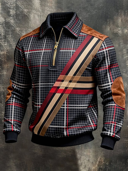 Men's Retro Color Block Print Zipper Sweatshirt